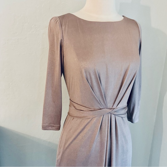 Tahari Nude Shimmer Fitted Boatneck 3/4 Sleeve Twist Waist Cocktail Dress, 2P - Picture 2 of 10